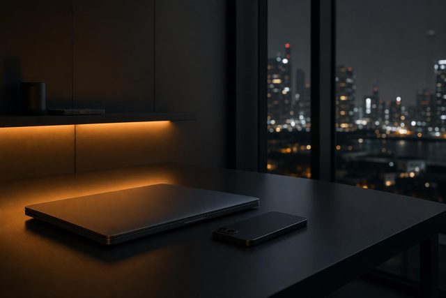 Ноутбук и телефон на рабочем столе у окна